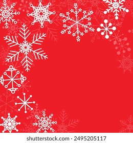 Festive holiday greeting card delicate white snowflakes vibrant red background Perfect for spreading Christmas cheer sending warm wishes Joyful happy New Year Copy space Xmas square design Border