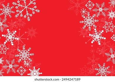 Festive holiday greeting card featuring delicate white snowflakes on vibrant red background Perfect for spreading Christmas cheer sending warm wishes for joyful happy New Year Copy space Xmas design