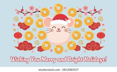 Festive holiday greeting card featuring a cute mouse in a Santa hat surrounded by golden coins and traditional decorations.