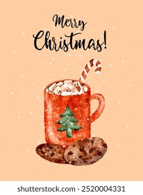 Festive holiday greeting card, mug with hot cocoa and cookies, Merry Christmas 