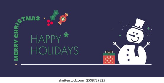 Festive holiday greeting card with smiling snowman, Christmas gift, holly, on dark blue background