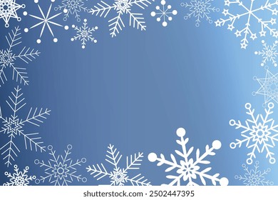 Festive holiday greeting card white snowflakes vibrant blue gray background Perfect for spreading Christmas cheer sending warm wishes Joyful happy New Year Copy space Xmas design Border winter frame