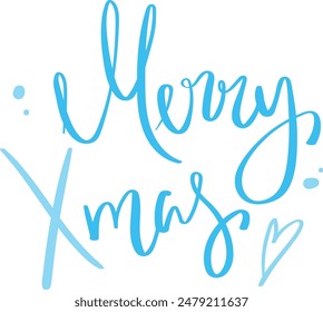 Festive holiday greeting featuring bold turquoise cursive text. Cheerful Christmas message overlayed isolated white background. Decorative heart accent paint splash details