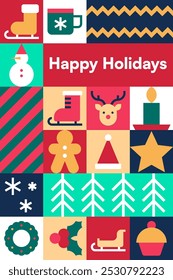 Festive Holiday Icon Collage with Christmas Symbols and Greeting Vector Illustration