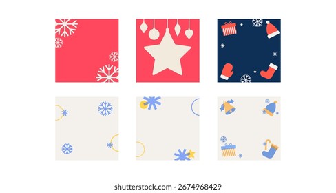 Conjunto de iconos festivos de vacaciones con copos de nieve, regalos, campanas y adornos en diseño plano