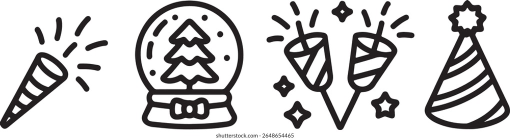 Festive Holiday Icons Celebrating Christmas and New Years Eve with Confetti Poppers, a Snow Globe, and Party Hats