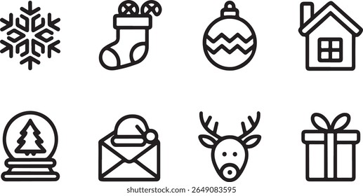 Festive Holiday Icons Celebrating Christmas and Winter Season Featuring a Snowflake, Stocking, Ornament, House, Snow Globe, and More