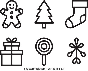 Festive Holiday Icons Collection Featuring a Gingerbread Man, Christmas Tree, Stocking, Gift, Lollipop, and Snowflake