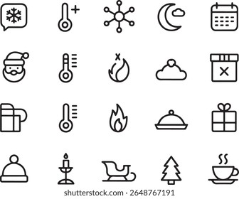 Festive Holiday Icons Depicting Winter Celebrations, Weather, and Gift Giving for Seasonal Designs and Creative Projects