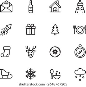 Festive Holiday Icons Depicting Winter Celebrations and Traditional Symbols of the Season in a Clean and Minimalist Style