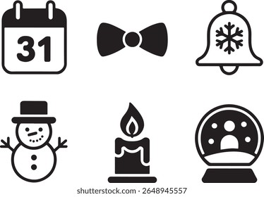 Festive Holiday Icons Depicting Winter Celebrations and Events like Christmas and New Year's Eve in Black and White