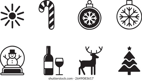 Festive Holiday Icons Representing Christmas Cheer and Seasonal Celebrations Featuring Traditional Symbols in a Clean Black and White Style