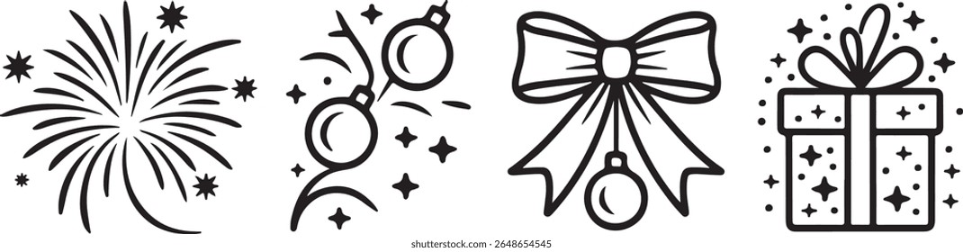 Festive Holiday Illustrations Whimsical Line Art Designs of Fireworks Ornaments Ribbon and a Gift Box Bringing Joy to the Season