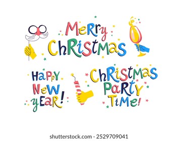 Festive Holiday Messages Bright, colorful set of cheerful Christmas and New Year greetings. Playful typography, spirit of celebration. Perfect cards, posters, digital designs. Flat vector illustration