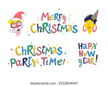 Festive Holiday Messages Bright, colorful set of cheerful Christmas and New Year greetings. Playful typography, spirit of celebration. Perfect cards, posters, digital designs. Flat vector illustration