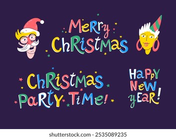 Festive Holiday Messages Bright, colorful set of cheerful Christmas and New Year greetings. Playful typography, spirit of celebration. Perfect cards, posters, digital designs. Flat vector illustration