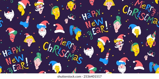 Festive Holiday Messages Bright, colorful Seamless pattern background cheerful Christmas and New Year greetings. Playful typography, spirit of celebration. Perfect cards, posters, digital designs. Fla