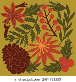 Festive holiday pattern featuring bold florals, berries, pine cones, and leaves in warm red and green tones. Perfect for seasonal decor, textiles, and greeting cards. Adds warmth