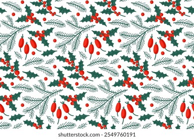 Festive holiday pattern featuring holly leaves and bright red berries on a white background