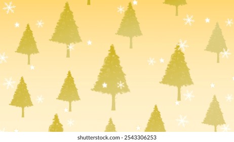 Festive holiday pattern featuring stylized Christmas trees and snowflakes on a warm yellow background, perfect for seasonal designs and decorations.