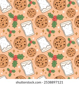 Festive Holiday Pattern with Milk, Cookies, and Holly