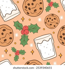 Festive Holiday Pattern with Milk, Cookies, and Holly