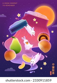 Festive holiday poster. Mooncakes, pomelo, and jade rabbits floating on beautiful night sky with full moon. Text: Happy Mid Autumn Festival. August 15th.