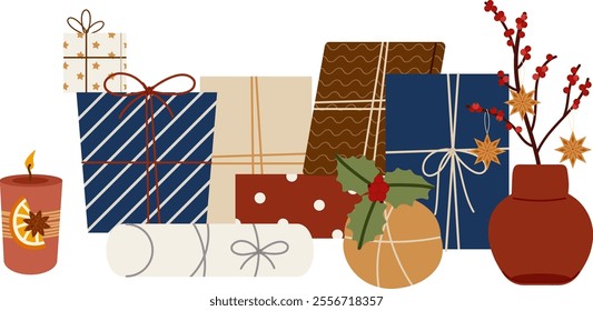 Festive holiday presents in kraft wrapping, candle and vase. Christmas gift boxes wrapped in festive papers with bows and ribbons. Flat vector illustration