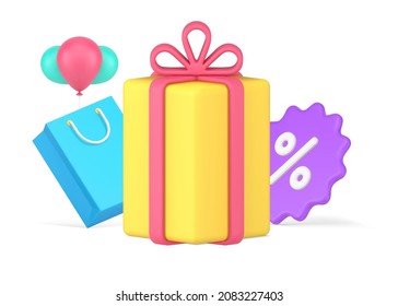 Festive holiday sale with gift box, paper shopping bag, air balloons and percentage tag template 3d icon vector illustration. Seasonal discount black friday with isometric present cardboard isolated