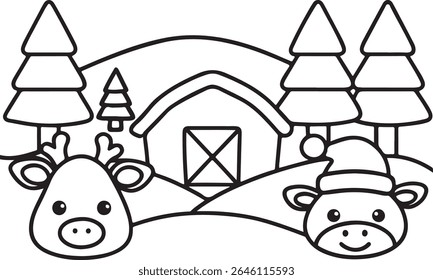 Cena festiva de férias com uma rena bonita, vaca sorridente com chapéu de Papai Noel, celeiro e árvores de neve em uma ilustração animada
