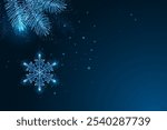 Festive holiday scene with glowing Christmas tree branch and hanging snowflake ornament on dark blue background. Elegant, seasonal winter decor. Glowing low polygonal abstract vector illustration.