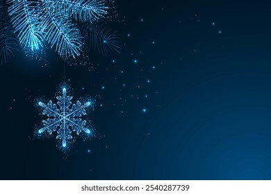 Festive holiday scene with glowing Christmas tree branch and hanging snowflake ornament on dark blue background. Elegant, seasonal winter decor. Glowing low polygonal abstract vector illustration.