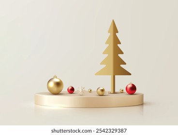 A festive holiday scene with a golden Christmas tree, red and gold ornaments, and snowflakes on a circular podium. Showcasing seasonal products, elegant winter displays