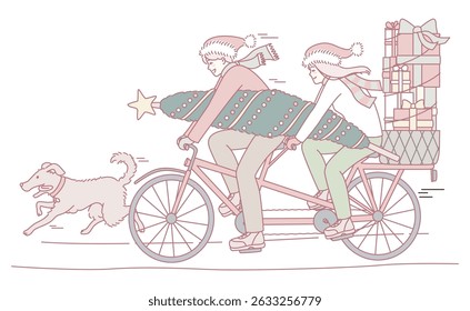 A festive holiday scene shows a joyful couple on a bicycle with colorful gifts and a playful dog joining the fun