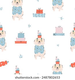 Festive holiday seamless pattern with hand-drawn adorable dogs. Holiday vector illustration with funny characters