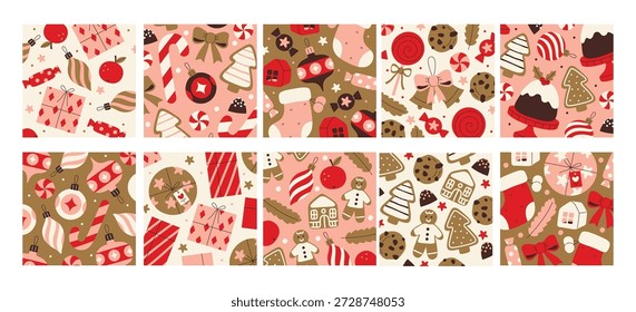 Fondo cuadrado sin patrón de vacaciones festivas con Elementos de decoración de Navidades aislados. Dulces y atributos tradicionales de Navidad lindos estampados coloridos, Ilustración vectorial de Plantillas de envoltura de regalo