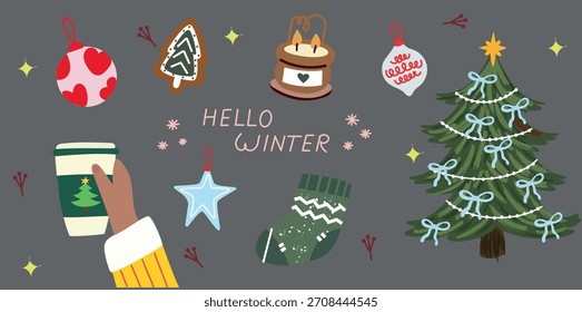 Festive holiday set with charming doodles and decorative elements for Christmas projects.