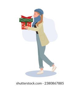 Festive Holiday Shopping. Joyful Woman in Winter Fashion Enjoying Christmas Shopping  with Gift Box