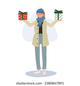 Festive Holiday Shopping. Joyful Woman in Winter Fashion Enjoying Christmas Shopping  with Gift Box