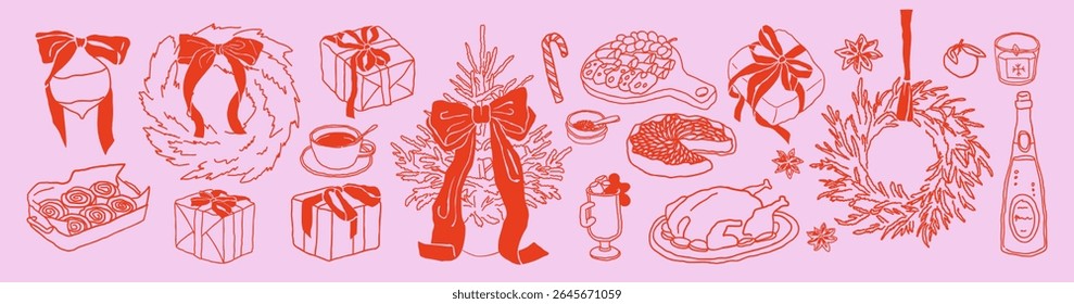 Festive holiday sketched with gifts, food, ribbons, candles and cozy details in rough chalk crayon style for seasonal packaging, menu graphics, winter labels, whimsical sticker sets.