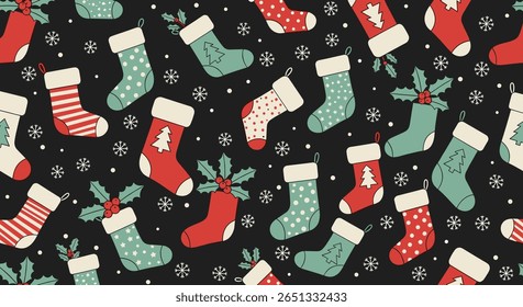 Festive holiday stockings scattered on a dark background with snowflakes