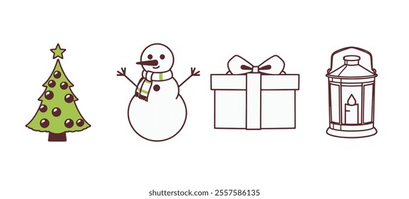 Festive holiday symbols featuring a Christmas tree, snowman, gift box, and lantern in a cheerful arrangement
