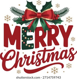 Festive holiday text vector illustration with snowflakes and berries isolated on white background.