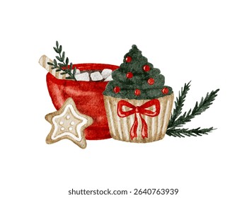 Festive holiday treats with cocoa and a decorated cupcake, Christmas clip art. Vector illustration