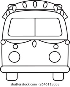 Festive Holiday Van Outline with String Lights Adorning the Roof and Bumper Simple Black and White Drawing for Coloring Books and Holiday Themed Designs
