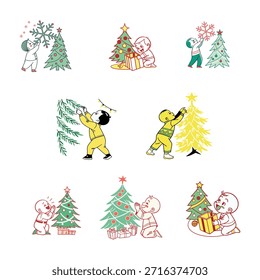 A festive holiday vector scene featuring a group of happy children decorating a Christmas tree with colorful ornaments, baubles, and a gold star. The illustration includes wrapped gift boxes and presents at the base of the tree. This high-quality graphic is isolated on a transparent background, making it easy to overlay on any seasonal greeting card, flyer, or digital marketing banner.