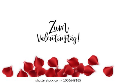 Festive holiday vector. Valentine poster. Random falling petals. Red rose petal isolated white isolated background. Wedding illustration. Zum Valentinstag Happy Valentines Day greeting card.