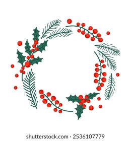 A festive holiday wreath adorned with red berries and green holly leaves on a plain background