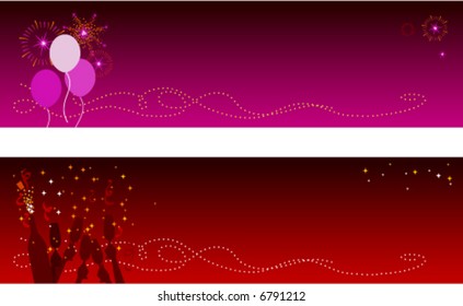 Festive Holidays & New Year Banners with copyspace- Fireworks with balloons & champagne with confetti. JPG version also available in my portfolio