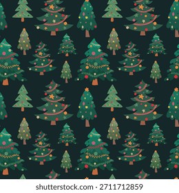 Festas festivas Padrão sem emenda com árvores verdes de Natal. Pinhais de inverno com bolinhas e padrões de decorações para tecidos, papel de embrulho, presentes, cartões.